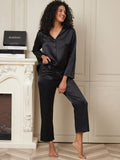 SilkSilky US 22Momme Pure Silk Long Sleeve Womens Pajamas Black 005