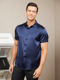 SilkSilky US Silk Blend Short Sleeve Collar Men's Shirt DarkBlue 004