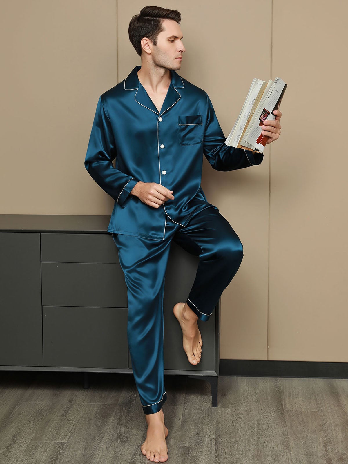 SilkSilky US 19Momme Pure Silk Long Sleeve Lapel Men's Pajamas Teal 003