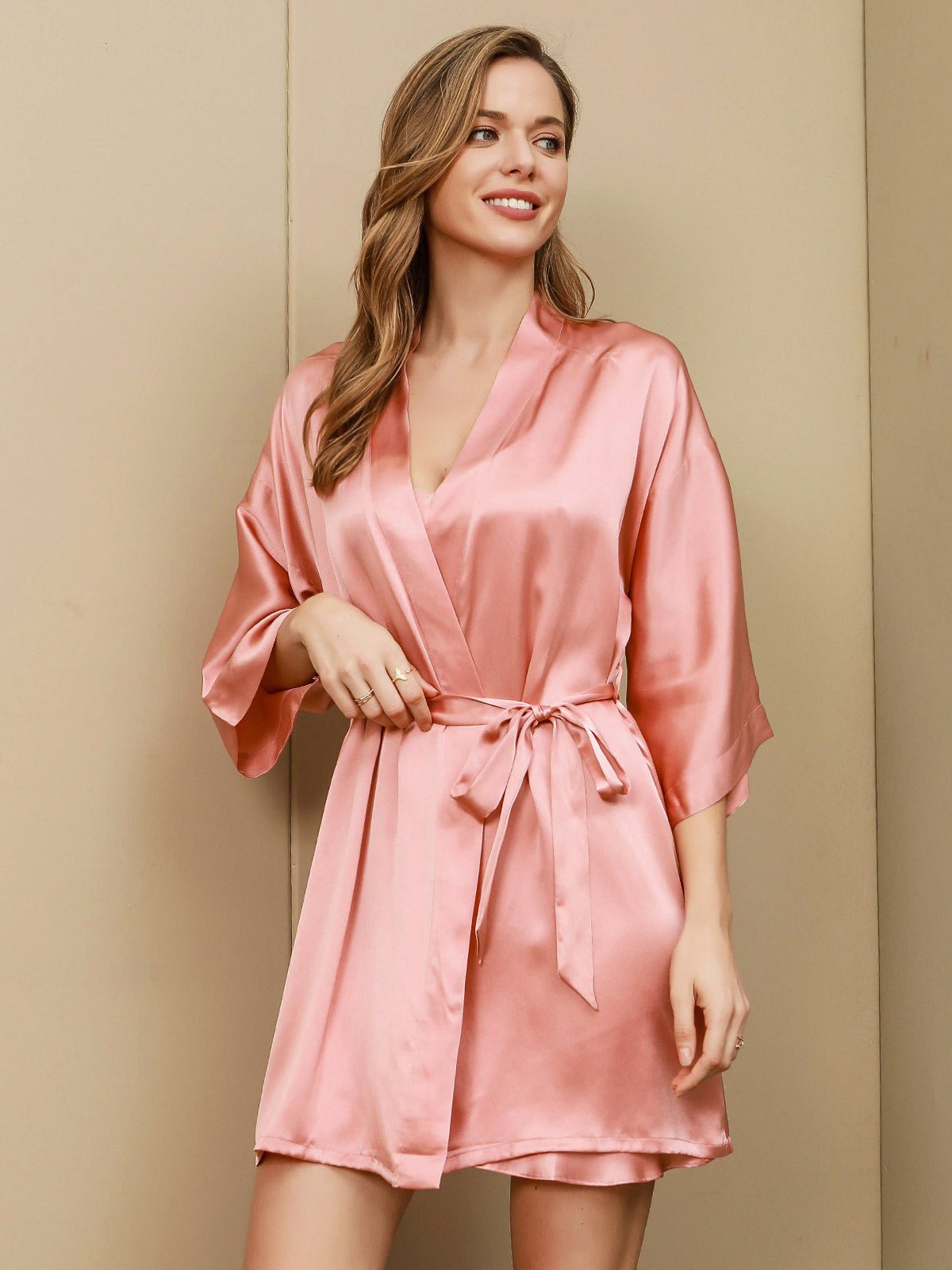 SilkSilky US Pure Silk 3/4 Sleeve Nightgown&Robe Set Pink 003