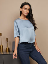 [Grayish Blue] SilkSilky  Pure Silk Half Sleeve Scoop Neck Women's T-Shirt 003