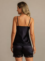 [Black] SilkSilky Spaghetti Strap V Neck Camisole Set 002