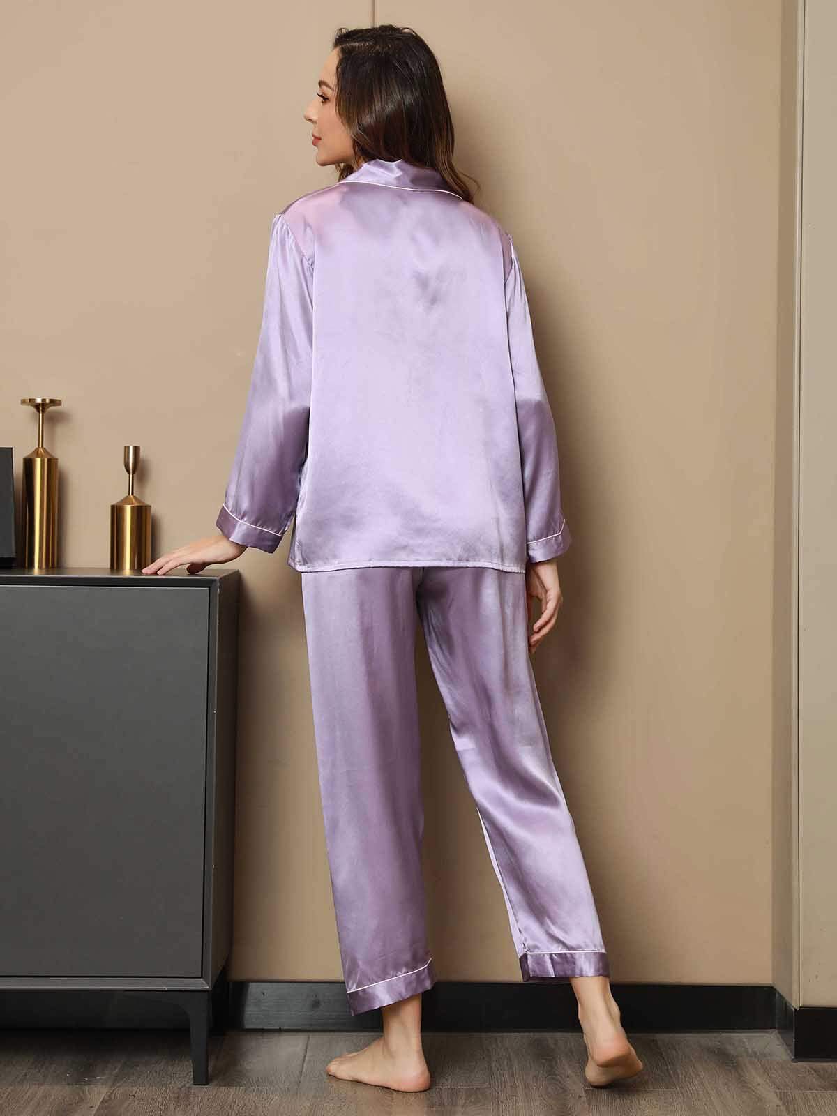 SilkSilky US Pure Silk Long Sleeve Lapel Women's Pajamas Lavender 002