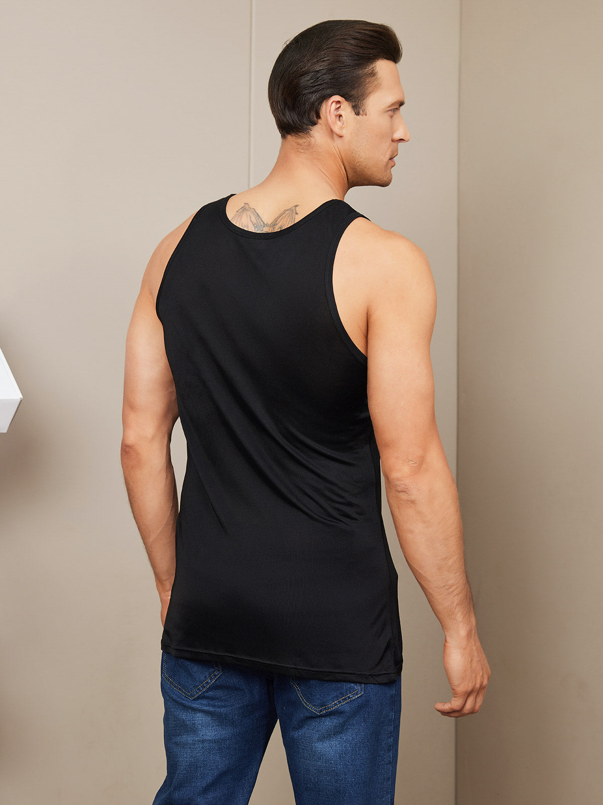 SilkSilky US Silk Knitted Sleeveless Round Neck Men's T Shirt Black 002