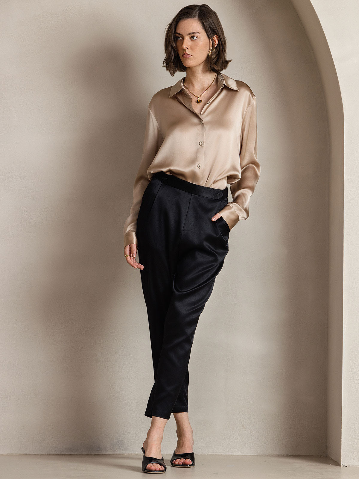 [Champagne] SilkSilky  Silk Lapel Collar Women's Shirt 009