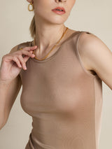 [Coffee] SilkSilky  100% Silk Jersey Sleeveless Round Neck Women's T-Shirt 004