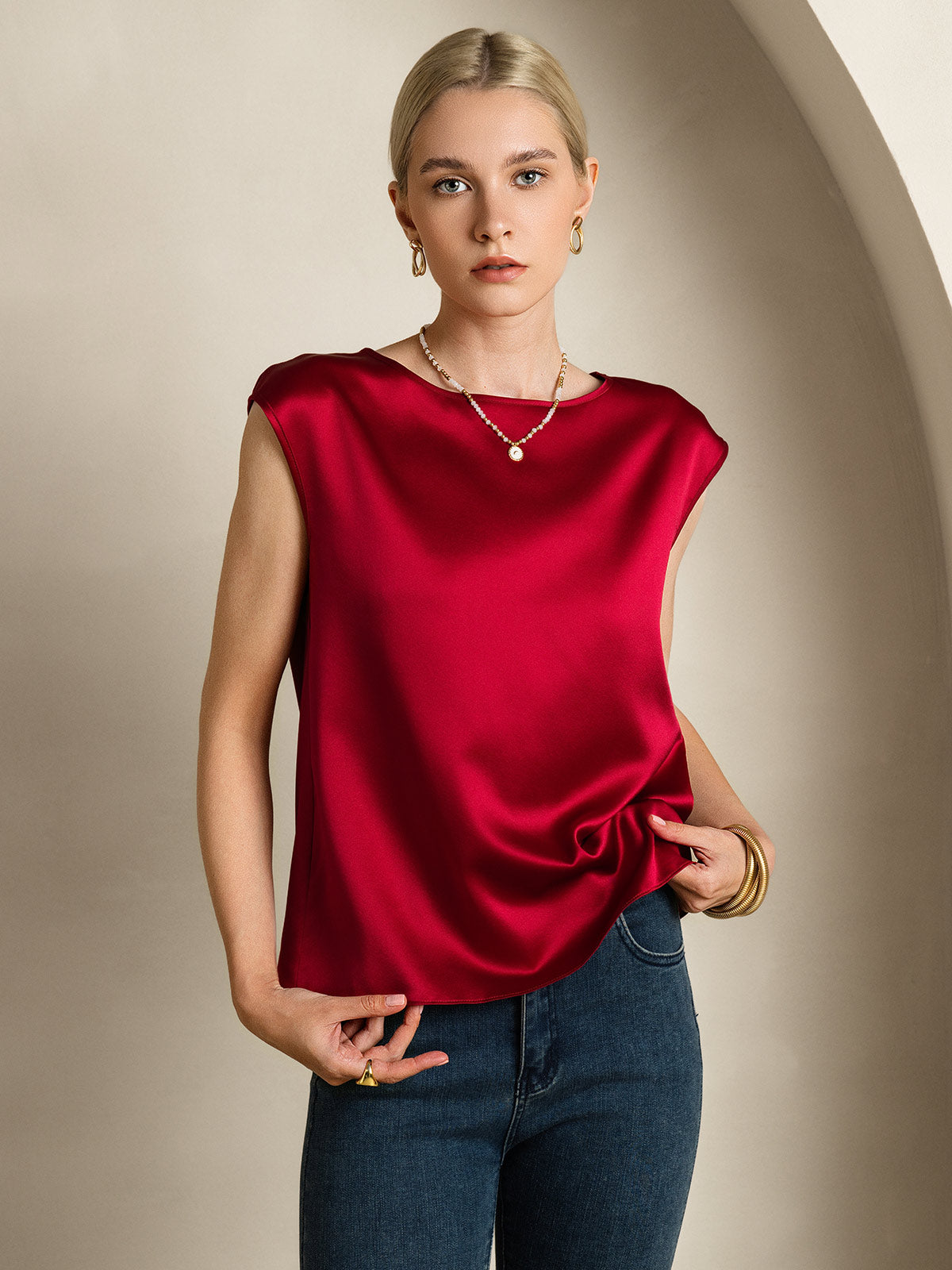 SilkSilky  19Momme Silk Sleeveless Round Neck Women's T-Shirt Wine 005