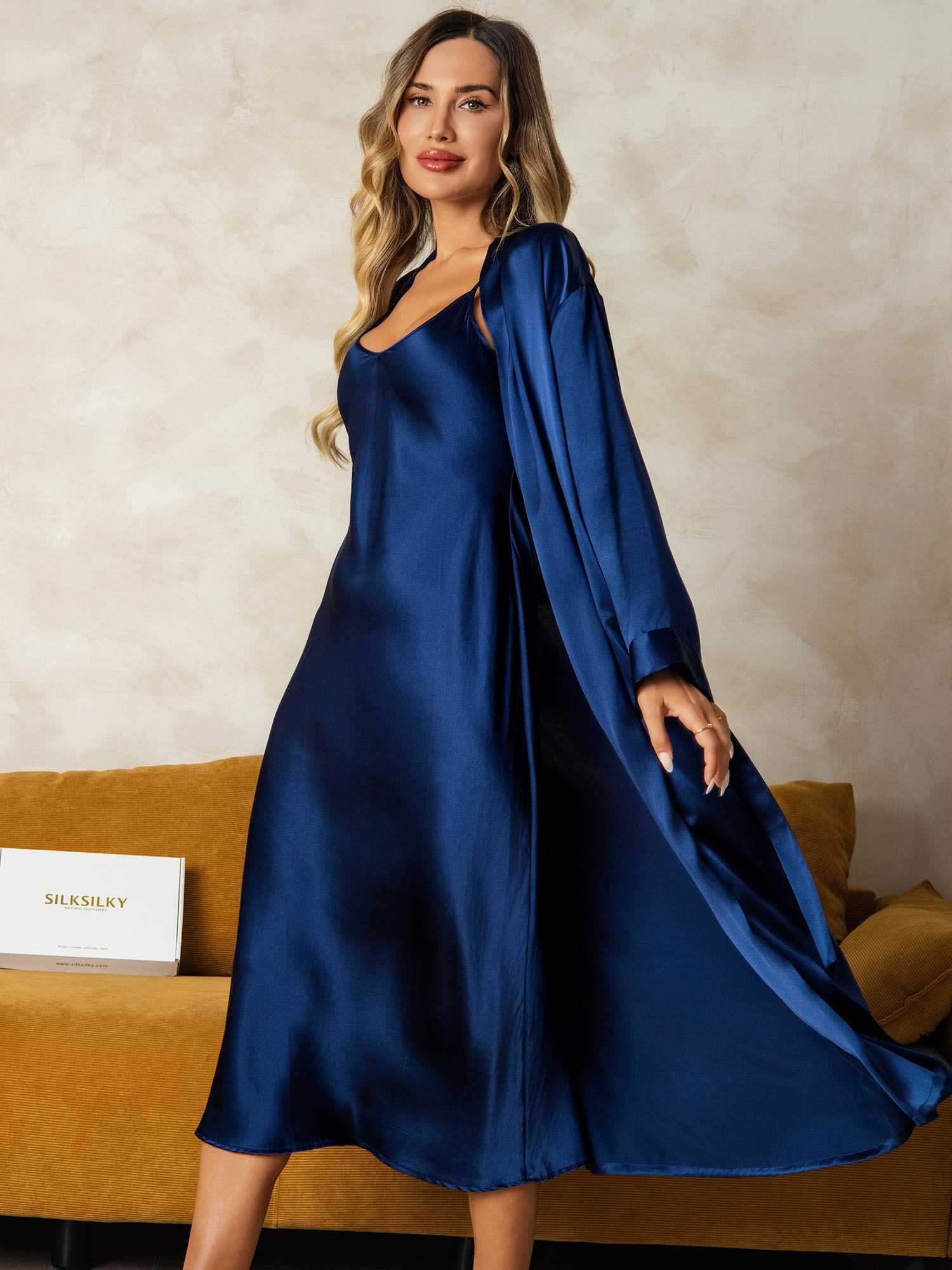 [DarkBlue] SilkSilky Pure Silk Wrap Nightgown&Robe Set 004