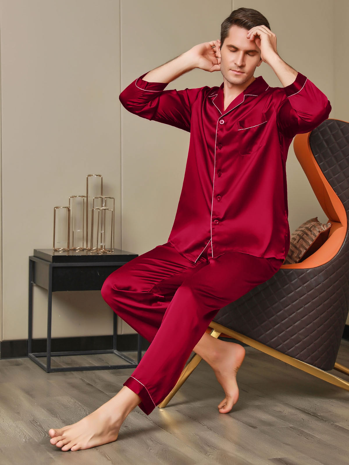 SilkSilky US 19Momme Pure Silk Long Sleeve Lapel Men's Pajamas Red 005