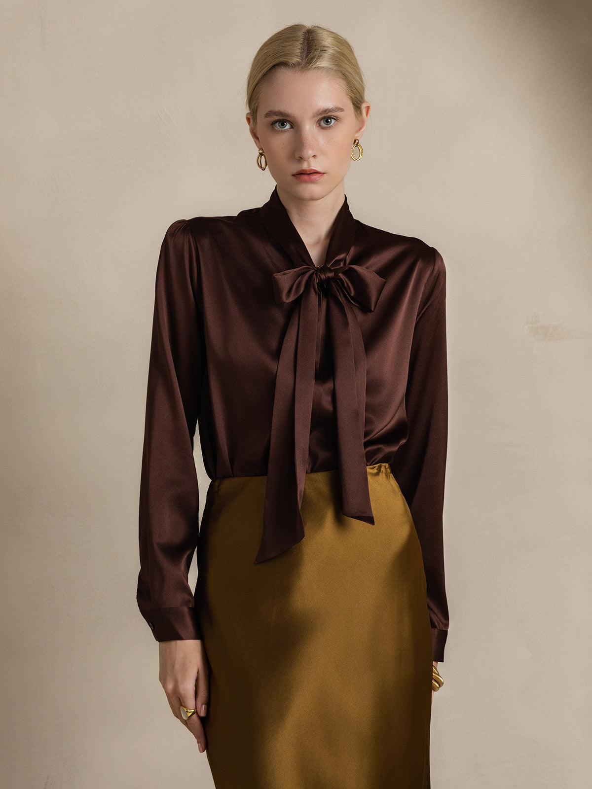 [Coffee] SilkSilky 19Momme Silk Long Sleeve Tie Neck Women's Shirt 003