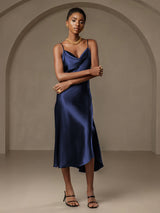 [Dark Blue] SilkSilky  Spaghetti Strap Cowl Neck Dress 005