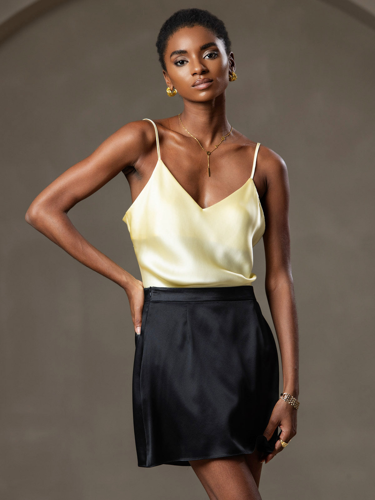 [Light Yellow] SilkSilky  Pure Silk V Neck Camisole Top 005