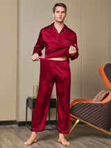 [Red] SilkSilky  Long Sleeve Notch Collar Men's Pajamas 007