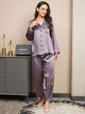 SilkSilky US Pure Silk Long Sleeve Lapel Women's Pajamas PurpleGray 003