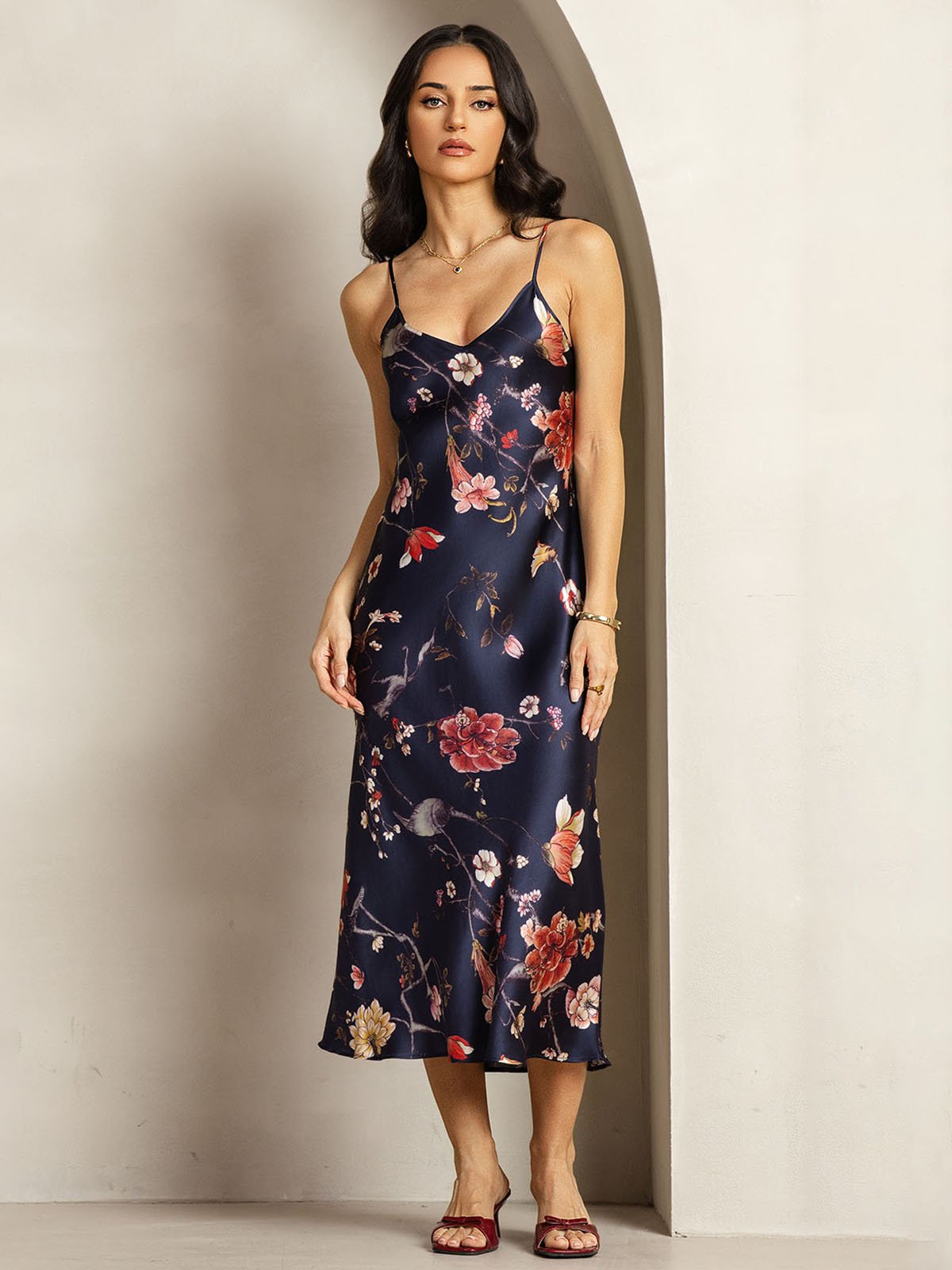 [Navy Floral] SilkSilky  19Momme Silk V Neck Dress 001