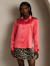 [Imperial Red] SilkSilky  19Momme Stretch Silk Charmeuse Long Sleeve Lapel Collar Women's Shirt 003