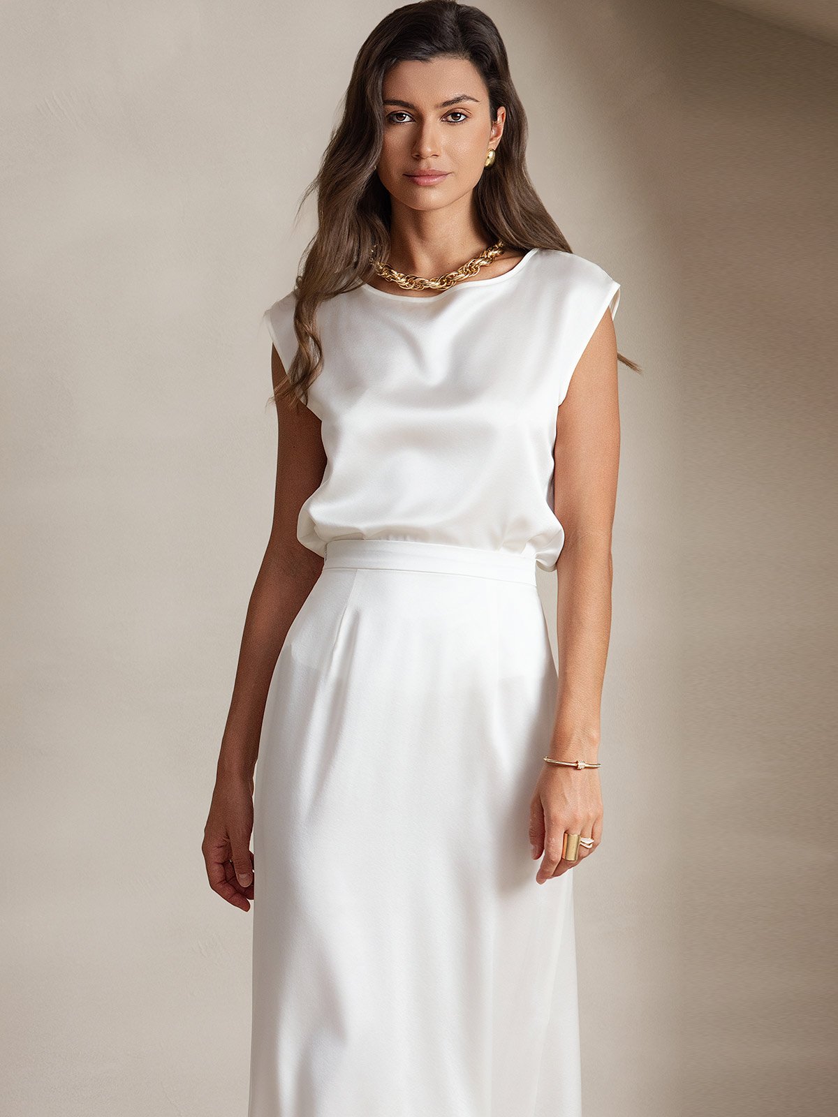 [White] SilkSilky  19Momme Silk Round Neck Women's T-Shirt 003