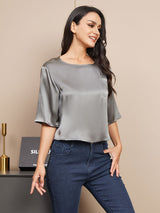 [Dark Gray] SilkSilky  Pure Silk Half Sleeve Scoop Neck Women's T-Shirt 001