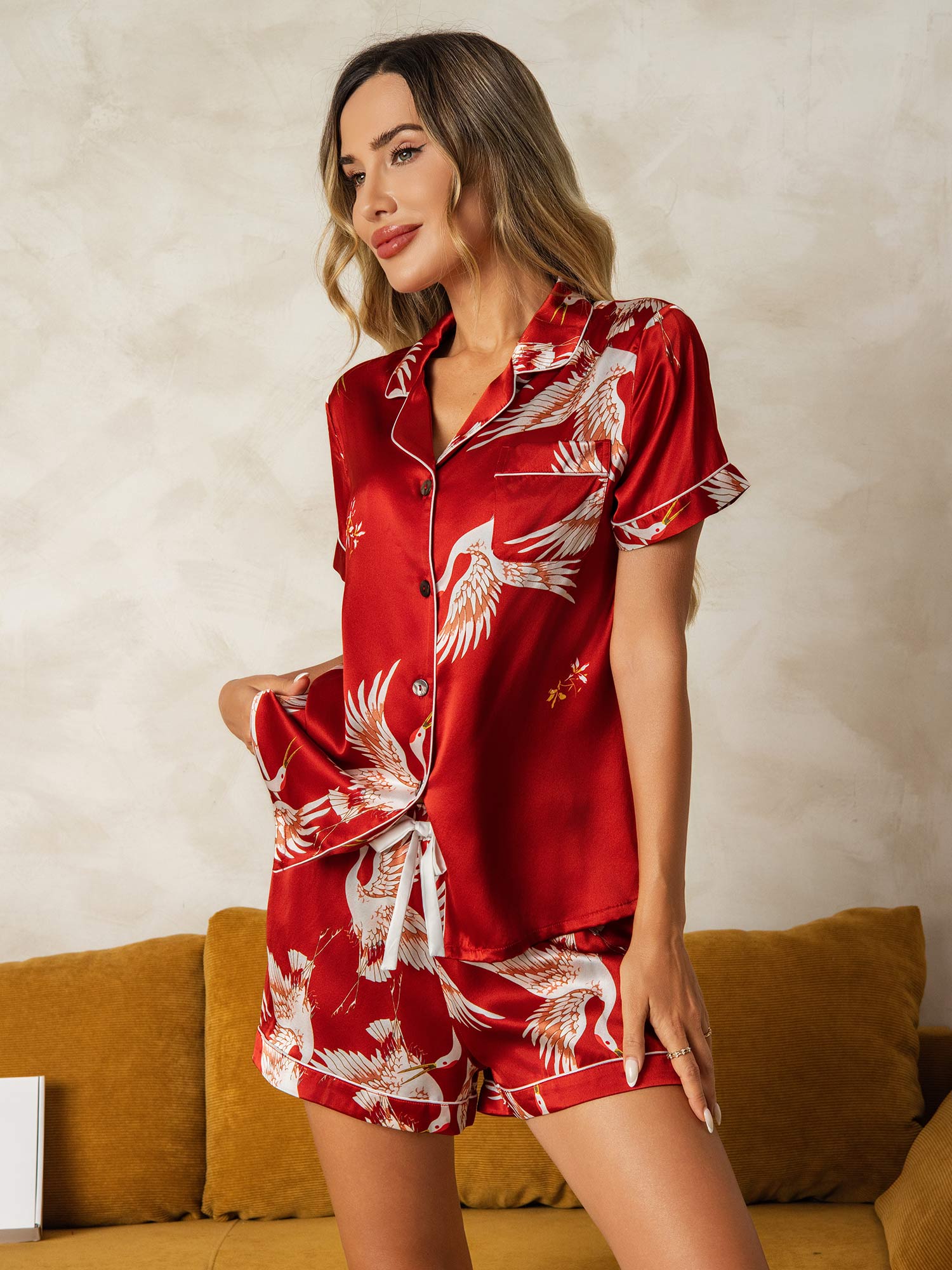 [Dark Red] SilkSilky  19Momme Pure Silk Womens Pajamas 007