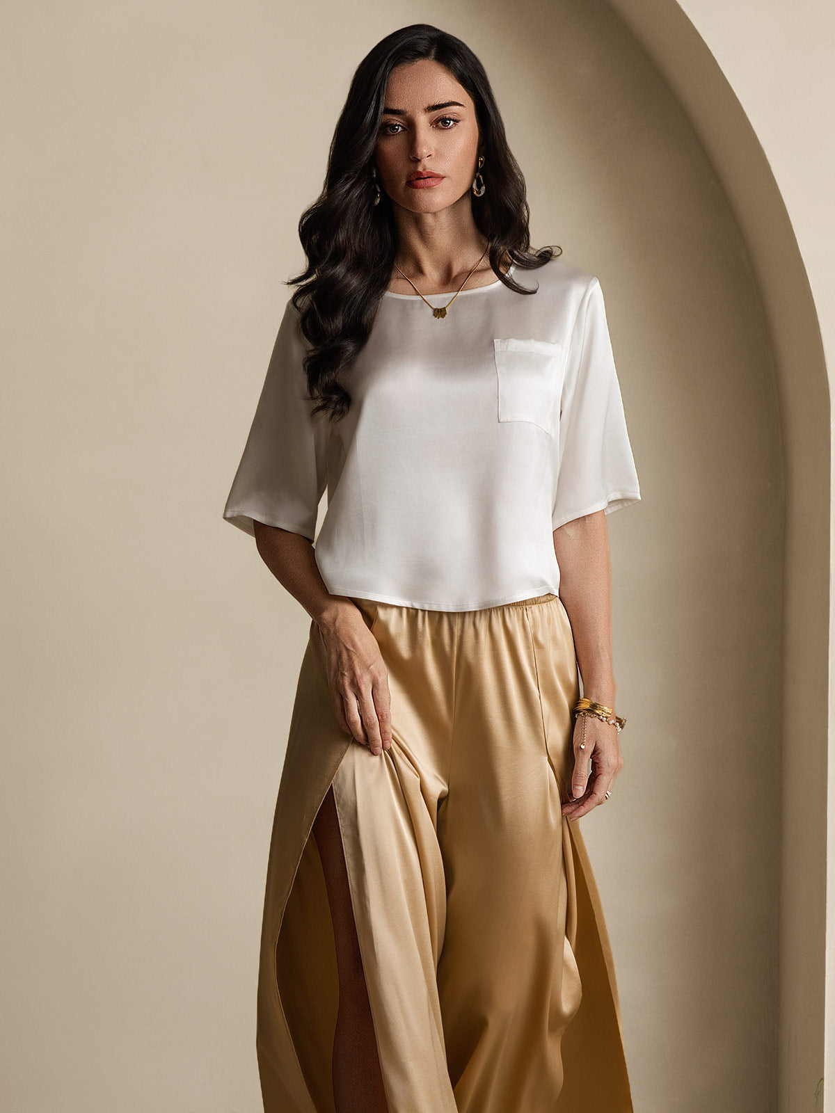 [White] SilkSilky  Pure Silk Boat Neck Women's T-Shirt 007