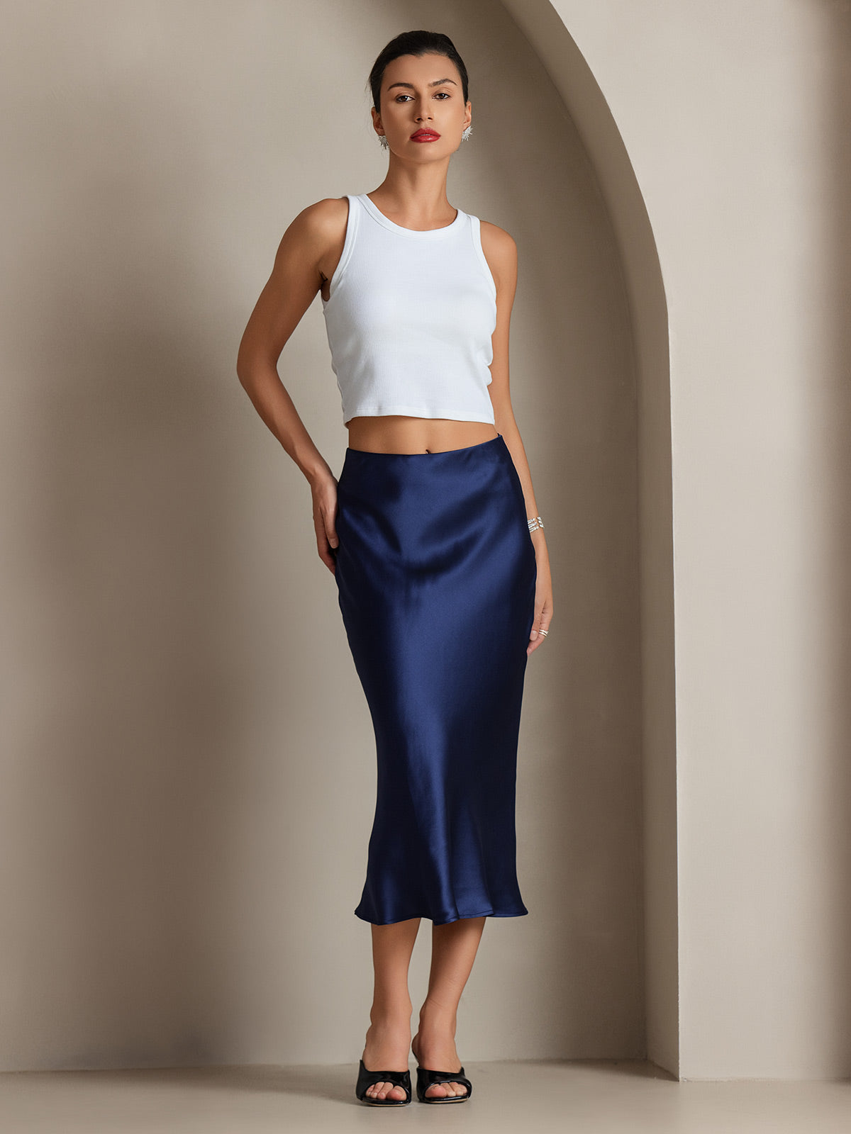[Dark Blue] SilkSilky  19Momme Pure Silk Skirt 004