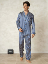 [Navy Stripe] SilkSilky  19Momme Pure Silk Mens Pajamas 001,
