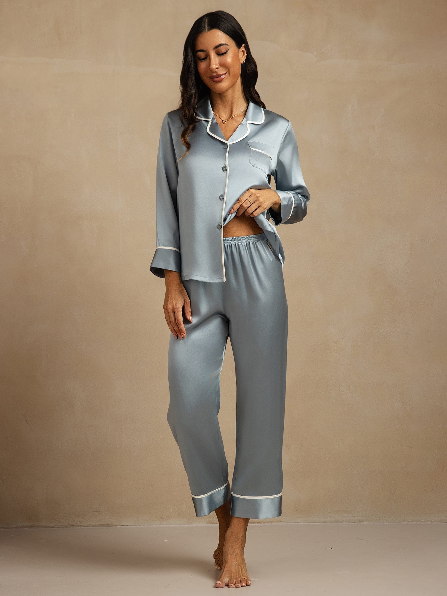 [GrayishBlue] SilkSilky Pure Silk Lapel Collar Women's Pajamas 001