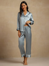 [Grayish Blue] SilkSilky  Long Sleeve Notch Collar Women's Pajamas 001