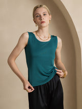 [Dark Green] SilkSilky  100% Silk Jersey Sleeveless Round Neck Women's T-Shirt 003