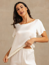 [White] SilkSilky  19Momme Machine-Washable Silk Short Sleeve Women's Pajamas 008