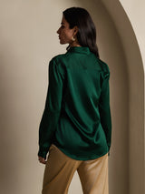 [Dark Green] SilkSilky  19Momme Stretch Silk Charmeuse Long Sleeve Lapel Collar Women's Shirt 002