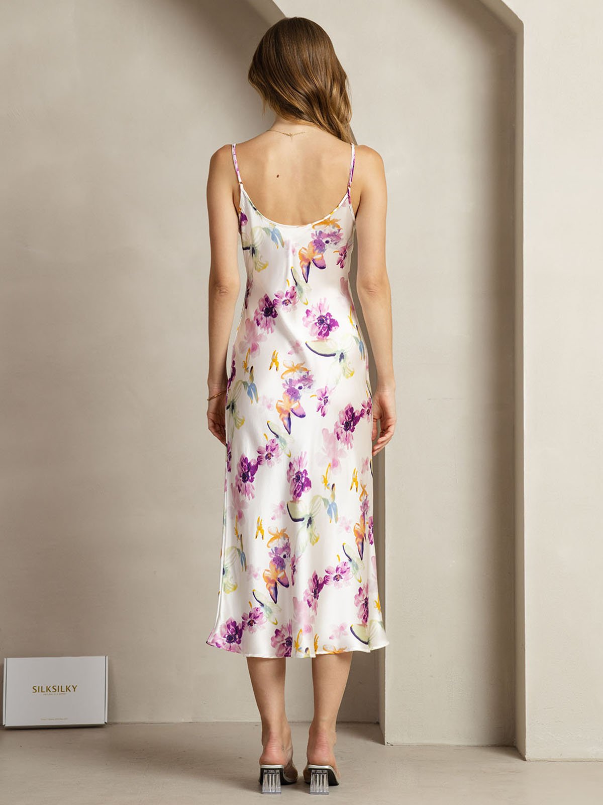 [Watercolor Floral] SilkSilky  19Momme Silk V Neck Dress 002