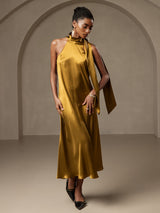 [Brown] SilkSilky  Sleeveless Tie Neck Dress 001