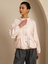 Pure silk women's hooded jacket with large flap pockets and elastic waist