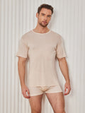 SilkSilky  Silk Knitted Short Sleeve Round Neck Men's T-Shirt Beige 004