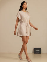 [Tan] SilkSilky 18Momme Silk Satin Surah Cap Sleeve Henley Neck Dress 006