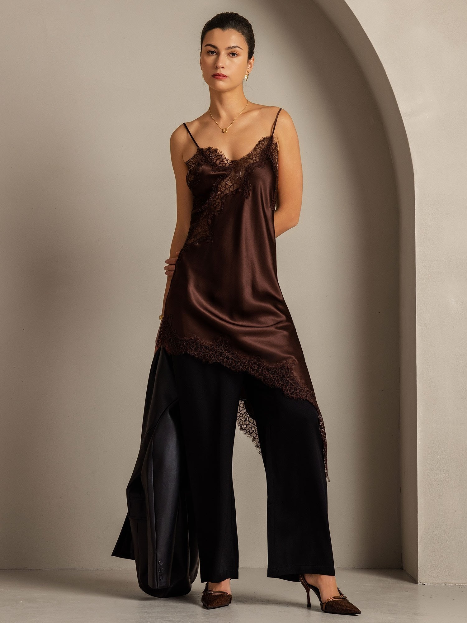 [Brown] SilkSilky Pure Silk Asymmetric Dress 009