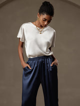 [Light Gray] SilkSilky  19Momme Stretch Silk Charmeuse Short Sleeve Boat Neck Women's T-Shirt 005