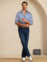 [Navy Stripe] SilkSilky 19Momme Stretch Silk Charmeuse Long Sleeve Lapel Collar Men's Shirt 008