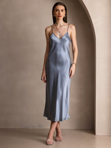 [Grayish Blue] SilkSilky  Pure Silk Spaghetti Strap V Neck Dress 005