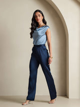 [Grayish Blue] SilkSilky  19Momme Stretch Silk Charmeuse Cap Sleeve Cowl Neck Women's T-Shirt 008