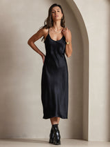 [Black] SilkSilky  Pure Silk Spaghetti Strap V Neck Dress 004