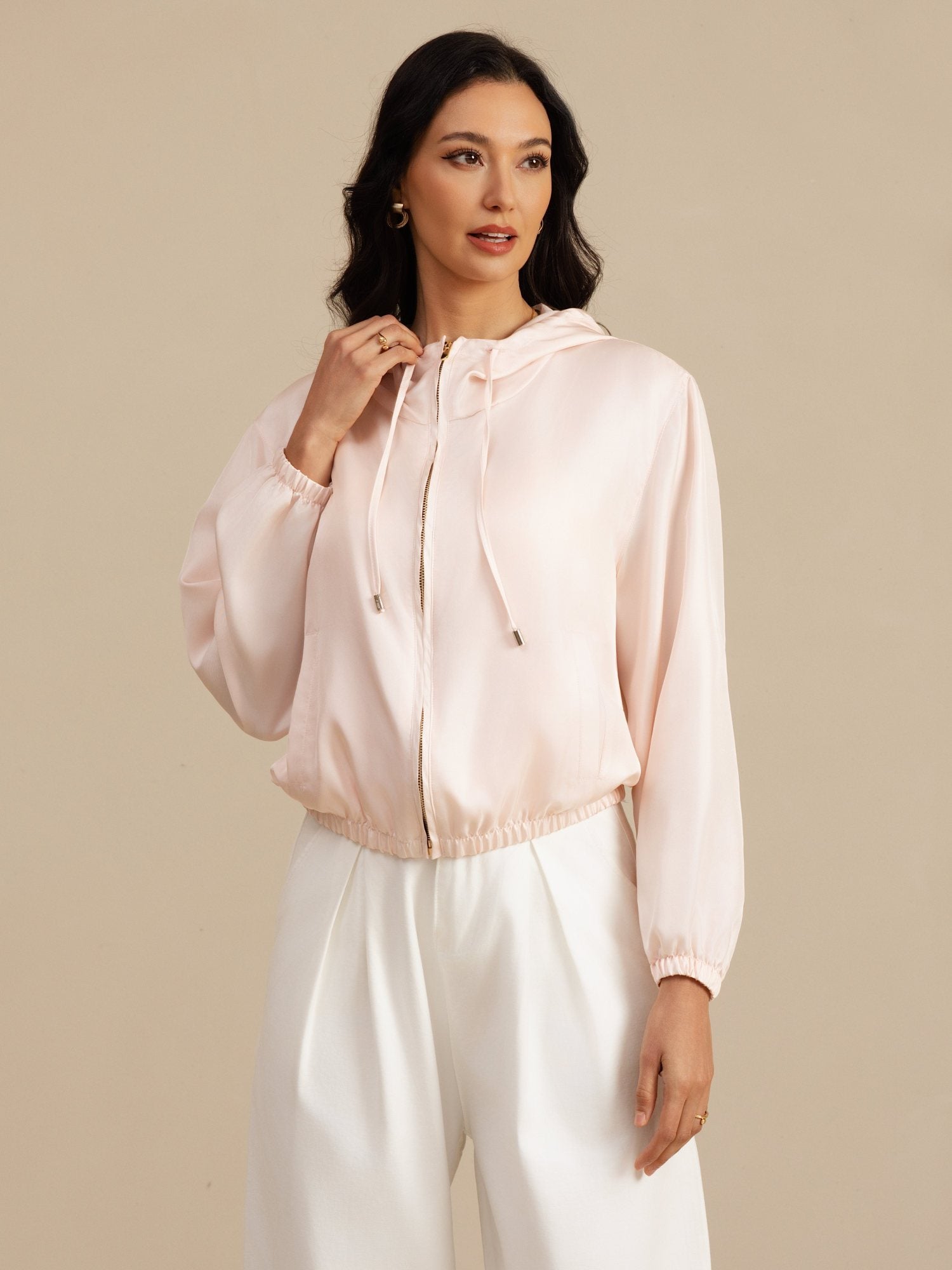 [Pink] SilkSilky 18Momme Silk Satin Surah Long Sleeve Stand Collar Women's Outerwear 004