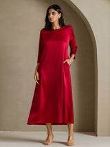 [Wine] SilkSilky 3/4 Sleeve Round Neck Dress 001