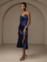 [Dark Blue] SilkSilky  Spaghetti Strap Cowl Neck Dress 003