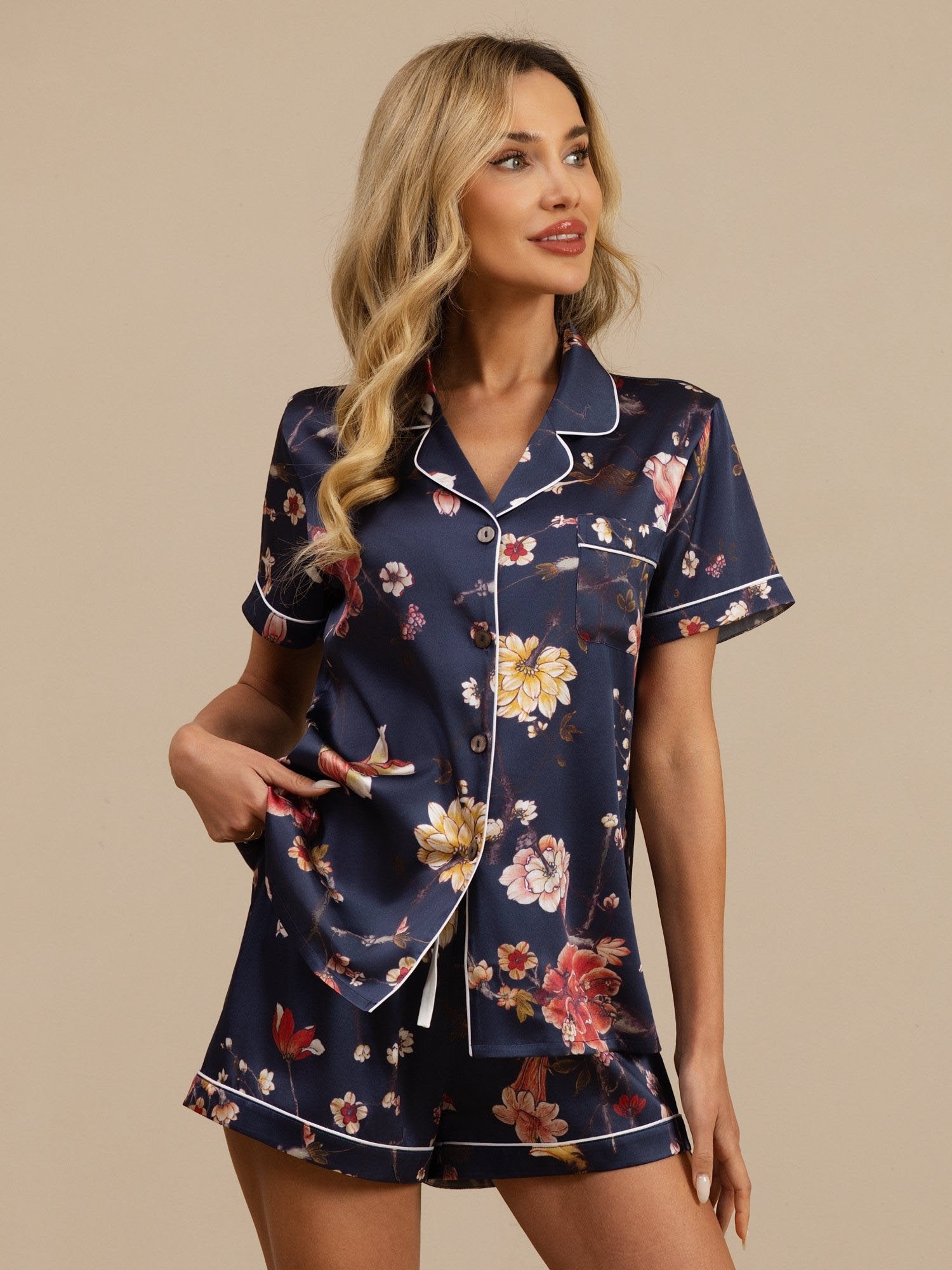 [Navy Floral] SilkSilky  Short Sleeve Notch Collar Women's Pajamas 006