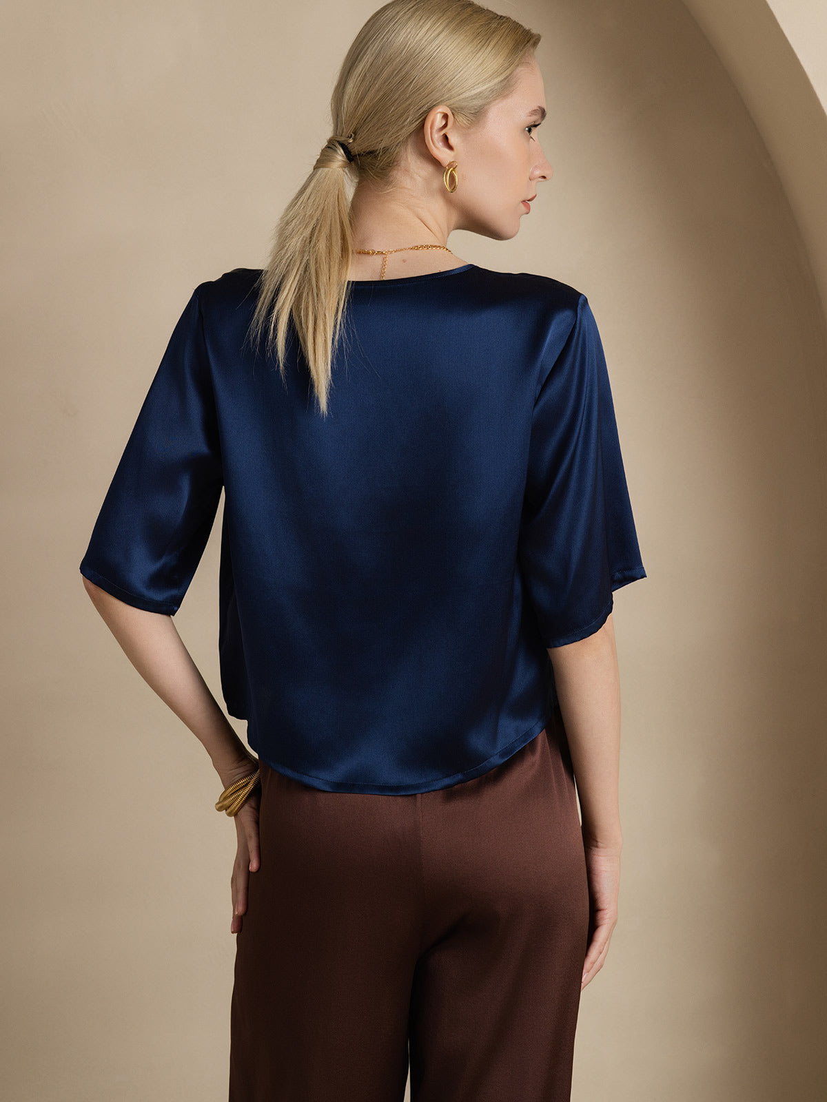 [Dark Blue] SilkSilky  Pure Silk Boat Neck Women's T-Shirt 002