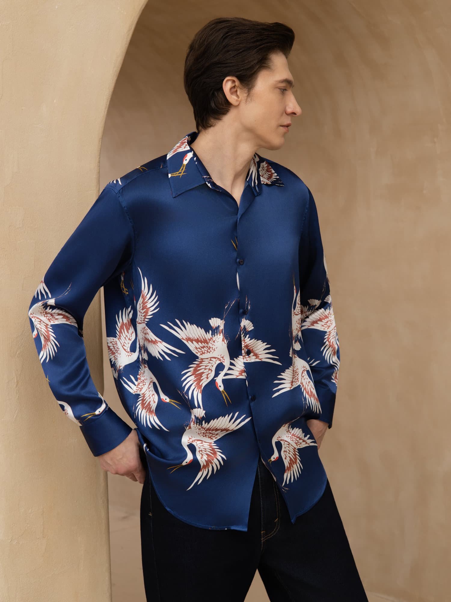 [Dark Blue] SilkSilky 19Momme Long Sleeve Lapel Collar Men's Shirt 001