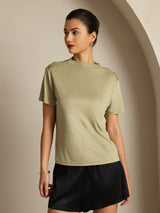 [Dried Herb] SilkSilky  100% Silk Jersey Short Sleeve Mock Neck Women's T-Shirt 001