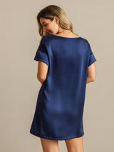 [Dark Blue] SilkSilky  19Momme Machine-Washable Silk Short Sleeve Round Neck Nightgown 002